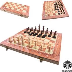 Shagam 3-in-1 Bordspel - 34 Cm - Schaakbord - Dambord - Backgammon - Schaakspel - Schaakset - Schaken - Dammen - Met Schaakstukken - Chess - Hout - Opklapbaar