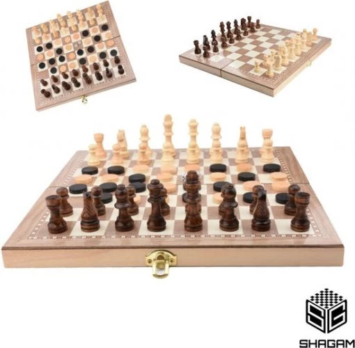 Shagam 3-in-1 Bordspel - 39 Cm - Schaakbord - Dambord - Backgammon - Schaakspel - Schaakset - Schaken - Dammen - Met Schaakstukken - Chess - Hout - Opklapbaar -educational games Winkel 550x539